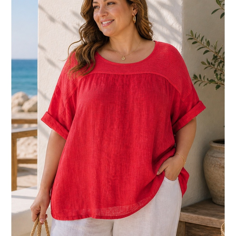 Lungo L'Arno Women Italy Linen Blouse Sz 2X Red Lagenlook Coastal Summer Resort